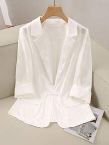 SHEIN Clasi Blazer de solapa de jacquard de manga 3/4 talla grande para verano - Blanco - Ver 3