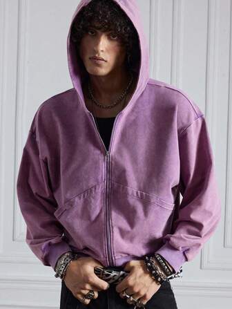 Sudadera con capucha casual de unicolor y manga larga con cremallera en el cuello para hombre, otoño