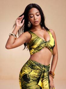 JIAN LASALA Floral Printed Knit Jersey Scoop Neck Drape Twist Cropped Top Women Summer Vacation Tropical Resort Wear Rave Festival Vintage Homecoming SXY Fall Tops Going Out Tops Sexy Women Tops Halloween Fall Top Western Sexy - Yellow - View 6