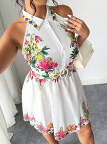 Elenzga Vestido casual de verão para férias, mulheres plus size, estampa floral, sem mangas, gola halter, com fivela e cinto - Branco - Visão 5