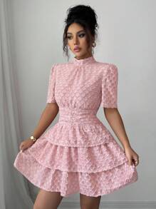 Elenzga Vestido Elegante de Cor Sólida com Bainha em Peplum e Ajuste Slim para Mulheres - Rosa chiclete - Visão 1