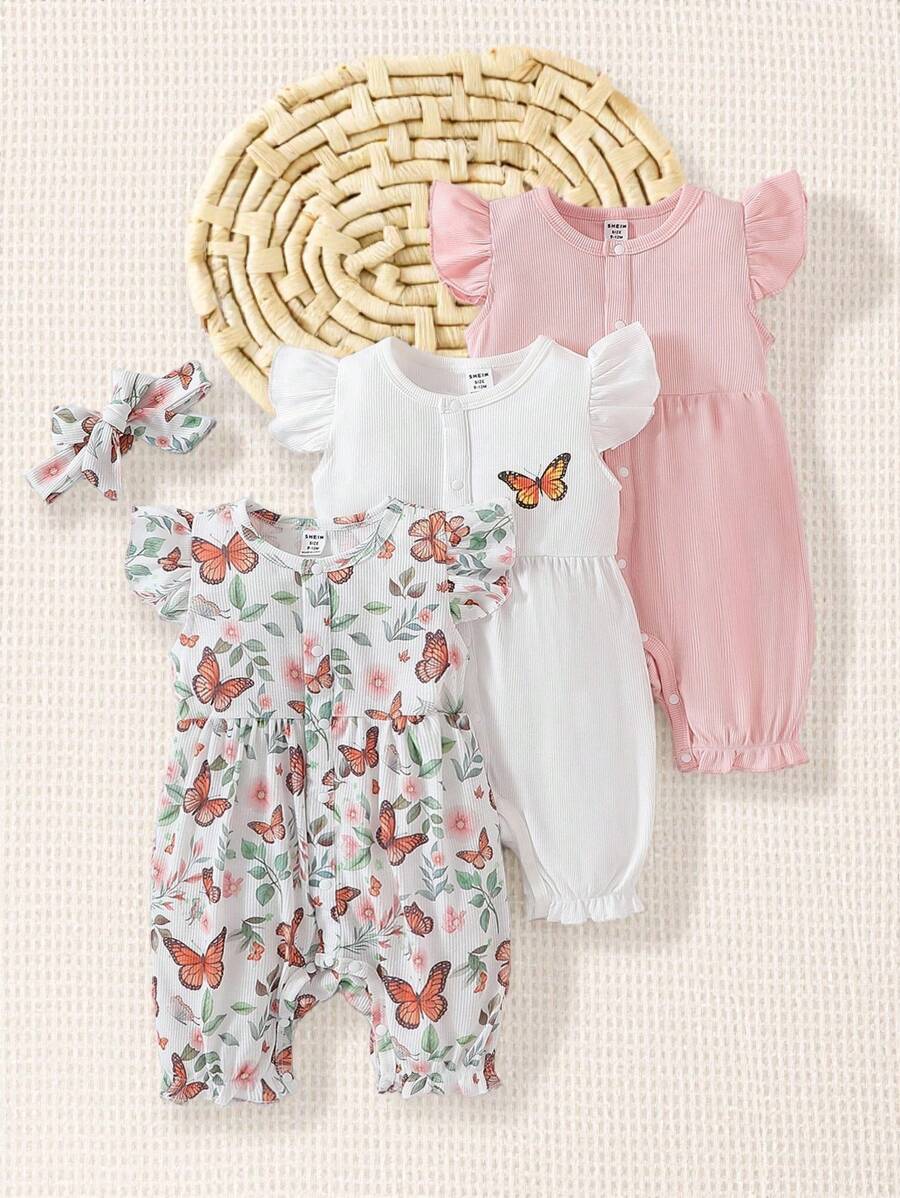 SHEIN 3pcs Baby Girls Casual Cute Butterfly Print Cap Sleeve Romper Set + Headband - Multicolor - View 1