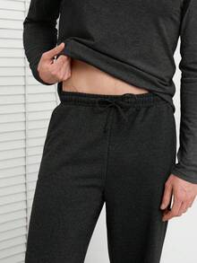 SHEIN Cottnline 男士两件套几何印花长袖上衣和裤子家居套装 - 黑色 - 查看 5