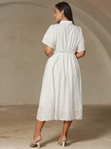 Aveloria Rosie Elegant Flowy Lace Hollow-Out Embroidered Dress With Ruffled Bishop Sleeves, Tie Waist Belt And Relaxed Fit, Plus Size