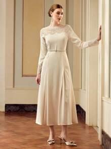 ZEYLAH Women Floral Lace Patchwork Round Neck Raglan Sleeve Long Sleeve Midi Dress, Elegant Fall Cloth For Women - Apricot - View 5