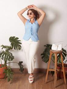 Lupita Cardoza Women's Solid Color Chinese Collar Cinched Waist Front Tie Detail Tank Top - Blue - View 4