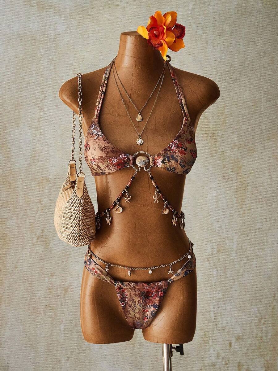 SHEIN ICON 女士夏季沙滩花卉印花露背性感比基尼泳装套装 - 彩色 - 查看 1