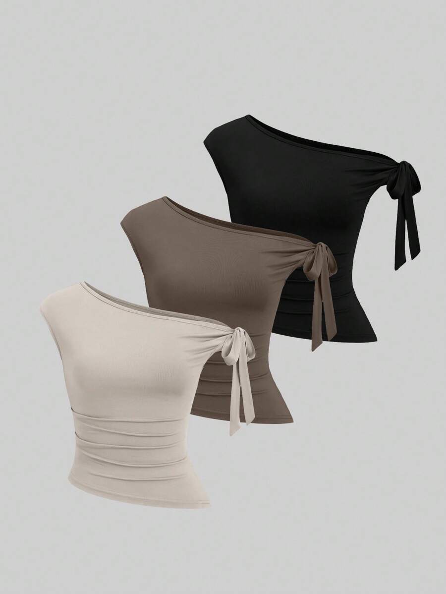 Sweetra Bộ 3 Áo thun nữ màu trơn thắt nút vai thường ngày - Nhiều màu - Xem 1