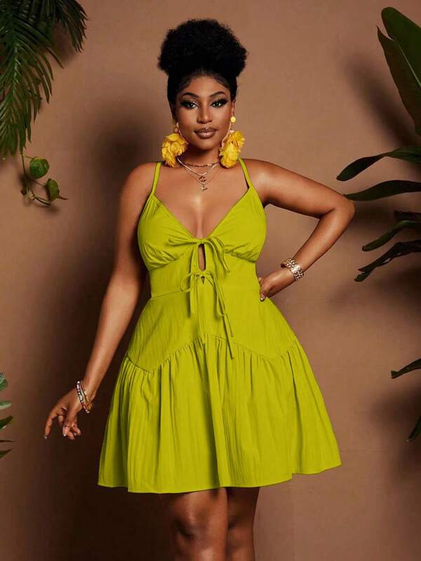 Maweii Plus Size Women Elegant Vacation Style Solid Color Spaghetti Strap V-Neck Tie Waist Irregular Ruched A-Line Mini Dress, Spring/Summer