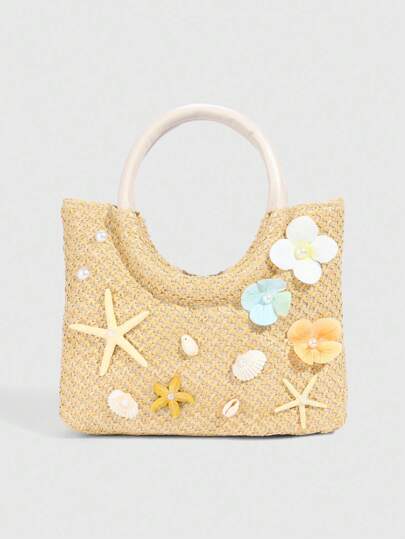 Fairycore 1pc Tropical Beach Vacation Style Orchid Decor Women Handbag, Outdoor Vacation Accessory Straw Bag