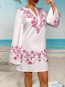 Swim Lushoire Plus Size Women's All-Over Print Notched Neck Long Sleeve Casual Vacation Maxi Dress Swimsuit Cover Up For Summer - Multicolor - View 4