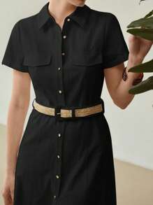 MOTF PREMIUM 女式亚麻领短袖衬衫裙（配腰带）