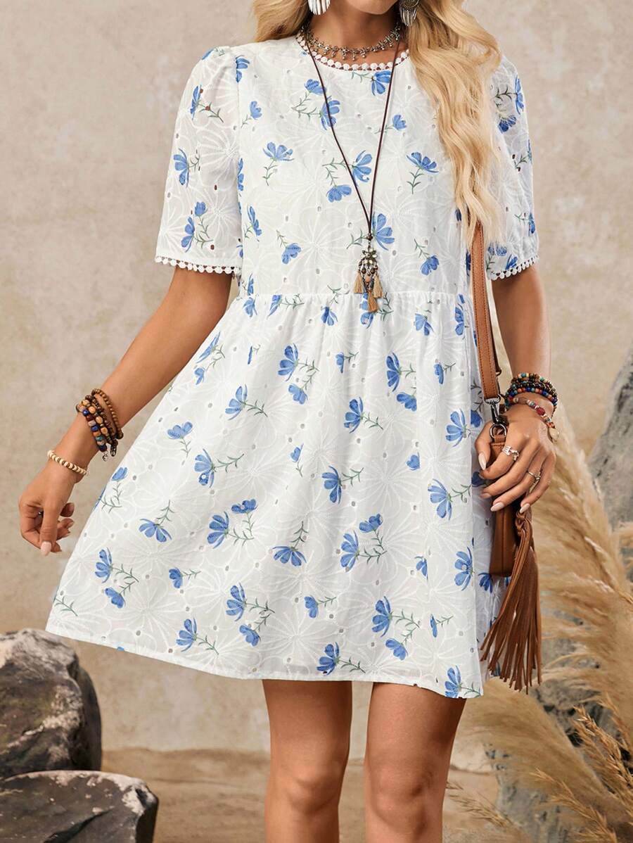 LanaWest Women's Vintage Loose Short Sleeve Embroidered Floral Print White Short Beach Holiday Dress, Summer