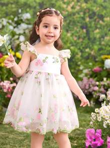 女婴梭织刺绣网眼方领盖袖连衣裙 - 彩色 - 查看 1