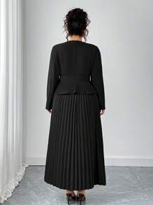 Elenzga Plus Size Women Spring/Autumn 2pcs Set: Simple Solid Color Lapel Collar Ruched Waist Blouse & Pleated Skirt - Black - View 2