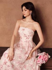 SHEIN Unity High-End Elegant Mesh Flocked Midi Strapless Summer Dress - Beige - View 7