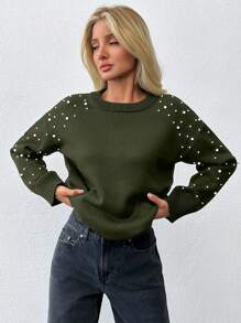 EURMUSE Women Round Neck Black Sweater With Pearl Detailed Sleeve,Jumper,Cream Jumper,Jumpers,Womens Jumper,White Jumper,Women's Jumper,Women's Jumpers,Winter Clothes - Army Green - View 3