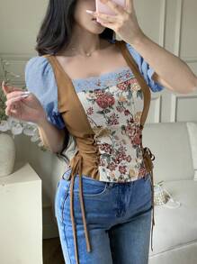 Modelyn 女士优雅拼色提花交叉系腰衬衫，夏季 - 藍色 - 查看 3