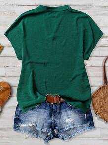 Linhara Blusa de manga corta de tela texturizada verde en talla grande para mujer, primavera/verano