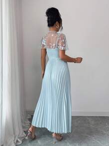 Elenzga Vestido elegante y casual para mujer con cuello de chal de malla bordada, plisado y tirantes para uso en casa u exterior