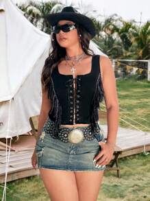 Sunspun Plus Size Festival, Boho, Hippie, Cowgirl, Old Money Style Suede Fringed Sleeveless Square Neck Tank Top Boho