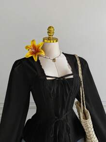 Comfortcana 春季大码女式花卉荷叶边收腰衬衫 - 黑色 - 查看 5