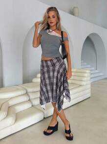 Roylia Camiseta ajustada con cuello asimétrico de encaje de moda y elegante para mujer - Gris - Ver 3