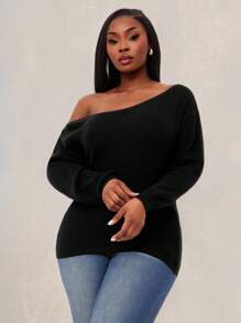 SHEIN SXY 大码女式秋冬、春夏优雅华丽纯色露肩休闲长袖毛衣，适合外出、约会之夜、聚会、老钱、情人节 - 黑色 - 查看 13