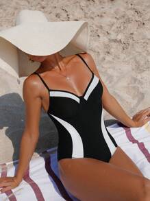 Shapewave 1 bộ đồ bơi bikini đơn sắc màu tương phản dành cho nữ có áo ngực thép, dây đeo vai có thể tháo rời, thiết kế dây rút phía sau tối giản và thanh lịch, hoàn hảo cho kỳ nghỉ ở bãi biển - Đen và trắng - Xem 4
