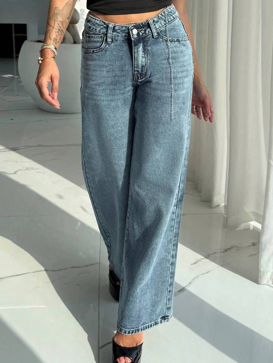 Manon Tanti Women's Button Front Pocket Classic Casual Baggy Denim Jeans - Dark Wash - View 1