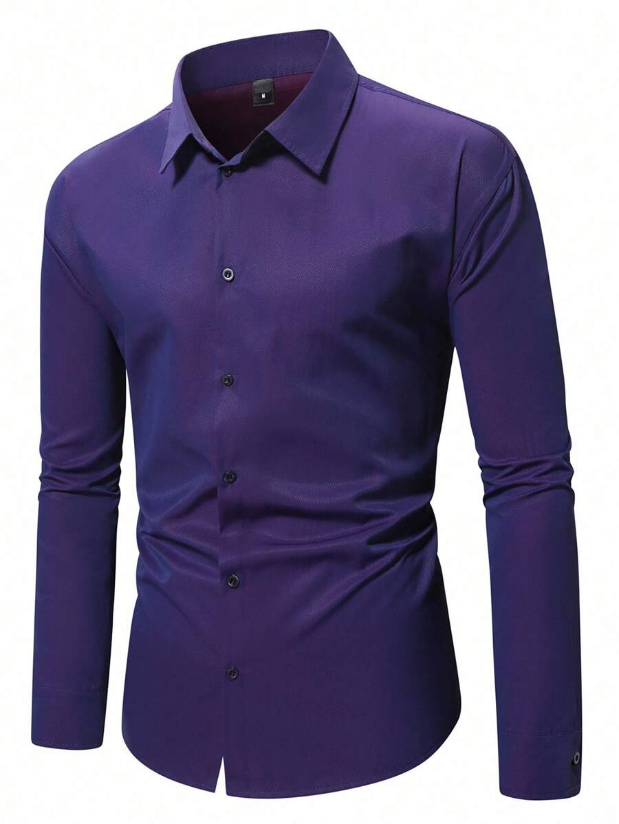 Calvornis Men's Solid Color Front Button Up Casual Long Sleeve Shirt - Purple - View 1