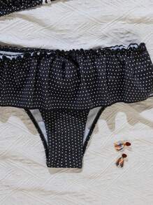 Swim Mod 2件組波點印花掛脖蝴蝶結荷葉邊下擺可愛女款比基尼泳衣套裝，適合夏季海灘度假 - 黑色 - 查看 6