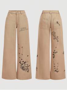 SHEIN MOD Damen Buchstaben- und Blumen-Stickerei Lässig Weite Jeans - Blau - Übersicht 1