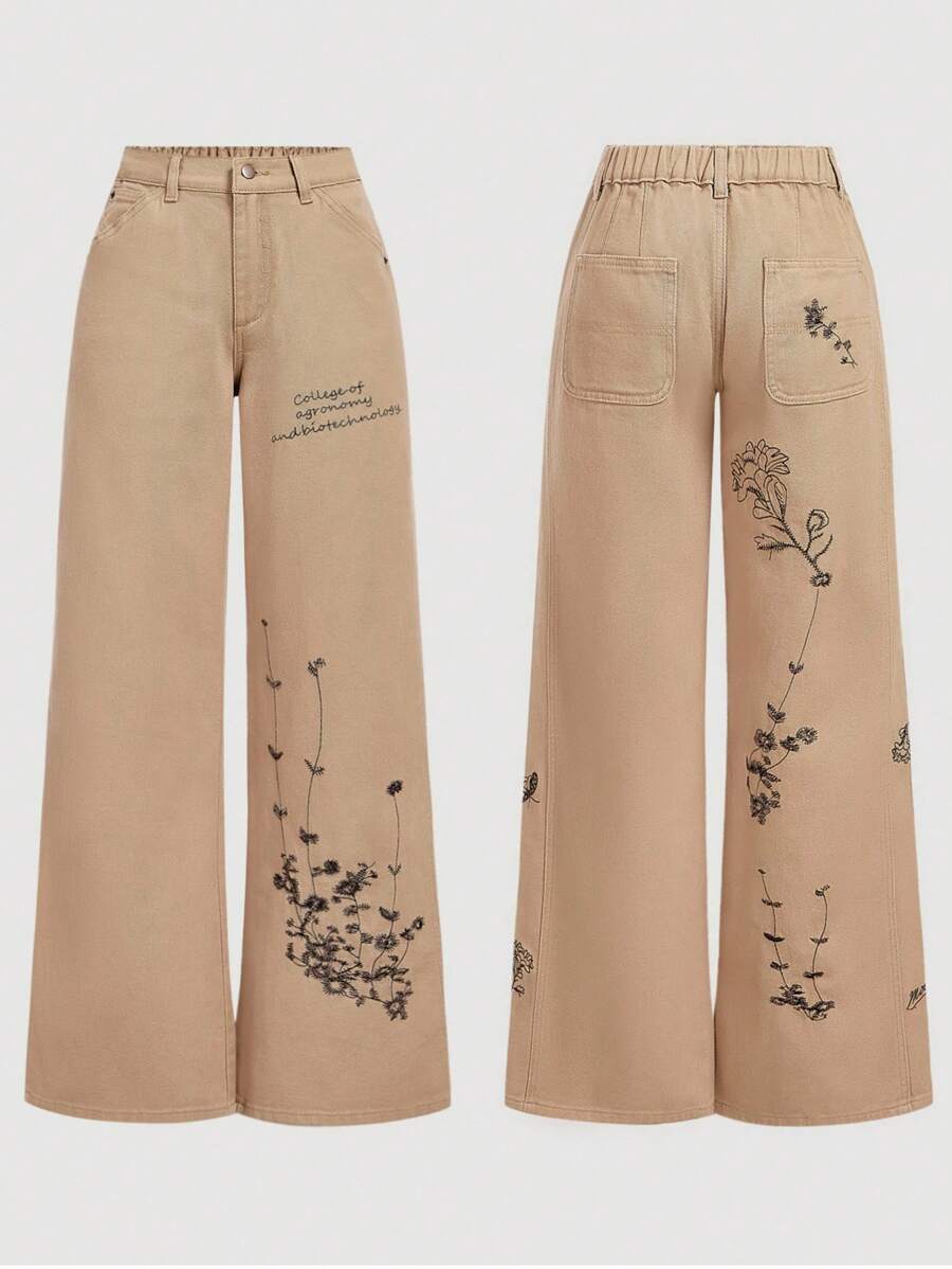 SHEIN MOD Damen Buchstaben- und Blumen-Stickerei Lässig Weite Jeans - Blau - Übersicht 1