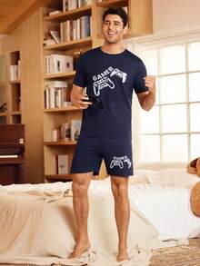 Happy Jammies 男士电子游戏印花短袖上衣和短裤睡衣套装，夏季 - 藏蓝色 - 查看 5