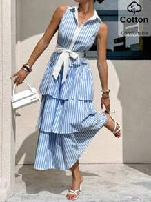 Siren Gaze Teacher Outfits For Women, Back To School Clothes, Business Casual Woman - Women's Fall Striped Sleeveless Casual Shirt Dress, Single - Breasted Ruffle Hem, Blue And White Striped, Tiered Design, Elegant Summer Dress For Dating & Commuting, 2025 New Arrival