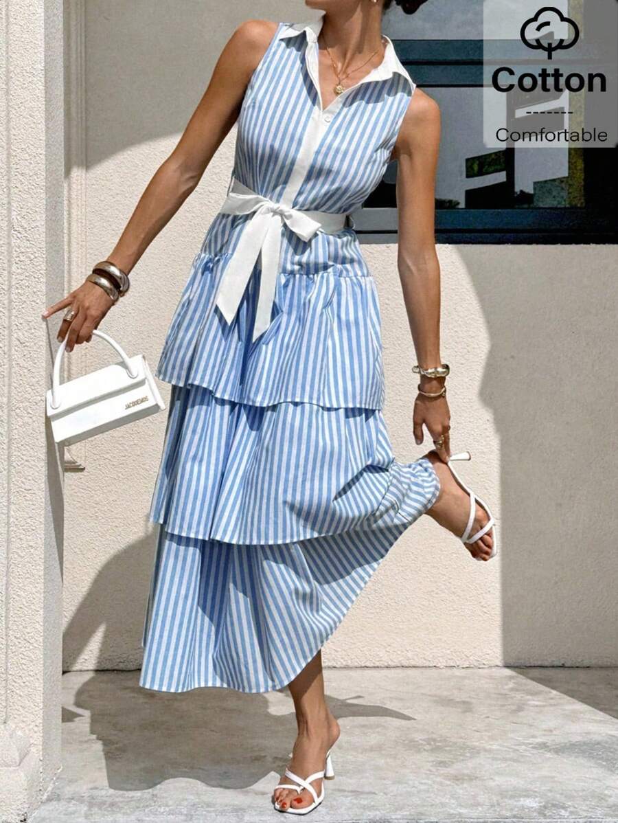 Siren Gaze Teacher Outfits For Women, Back To School Clothes, Business Casual Woman - Women's Fall Striped Sleeveless Casual Shirt Dress, Single - Breasted Ruffle Hem, Blue And White Striped, Tiered Design, Elegant Summer Dress For Dating & Commuting, 2025 New Arrival