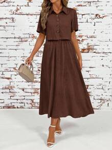 Ellevyn 女士新款时尚优雅两件套夏季舒适亚麻短袖衬衫和细肩带吊带裙休闲装 - 咖啡棕 - 查看 6