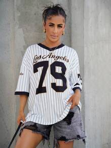 SAYEHFBABY Women's Sporty Letter & Numeric Print Striped Raglan Loose Ringer T-Shirt, Summer Graphic Tees Women Tops - Multicolor - View 1