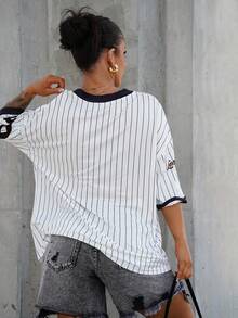 SAYEHFBABY Women's Sporty Letter & Numeric Print Striped Raglan Loose Ringer T-Shirt, Summer Graphic Tees Women Tops - Multicolor - View 2