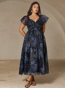 Aveloria 蓝色夏季优雅女士长裙，随机精致法式甜心领口欧根纱渐变色花卉印花透明泡泡袖 A 字型束腰加大码 - 彩色 - 查看 5