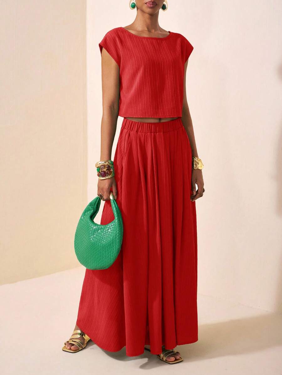 Zivah 2025 New Summer Leisure Vacation Elegant Daily Dating Beach Wear Birthday Party Round Neck Raglan Sleeves Short Sleeves Cut T-Shirt + Pleated Skirt Long Skirt Green Wave Stripe Woven Ladies Two Pieces Suit Red Crop Top And Skirt Set Red Summer Outfit Women