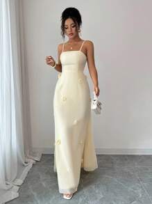 Rafferiza Elegantes Kleid mit Blumenstickerei, Mesh-Rückenausschnitt, Bindung in Taille, Meerjungfrauen-Saum, Lässig/Date-Trage, hellgelb, Frühling/Sommer Neuheit - Hellgelb - Übersicht 5