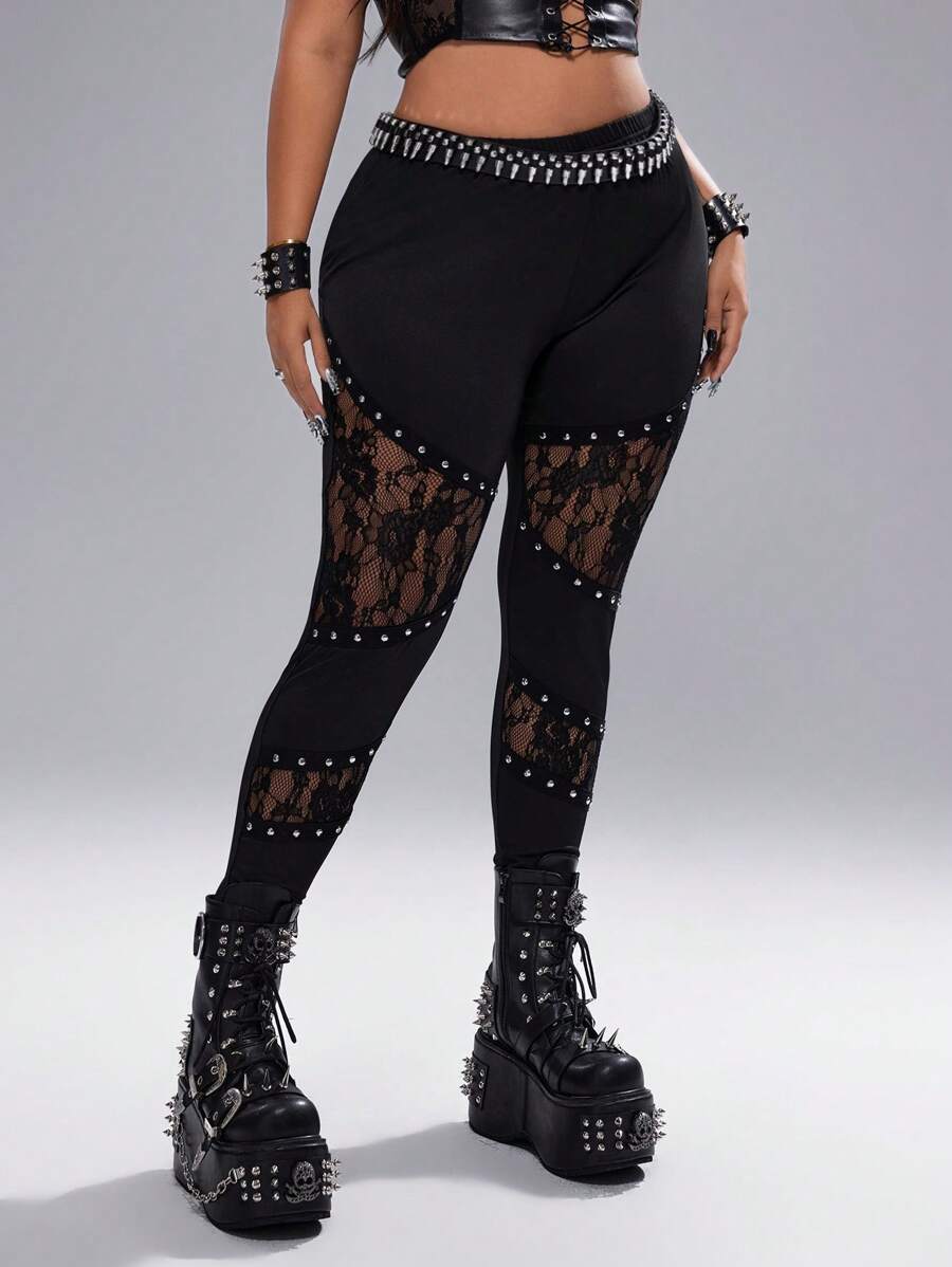 Whyspr Leggings vintage grunge punk casual avec design de ruban en dentelle contrastée, tailles plus