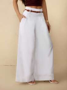 SHEIN PETITE Quần ống rộng dệt sọc dành cho nữ - màu xanh lá - Xem 5