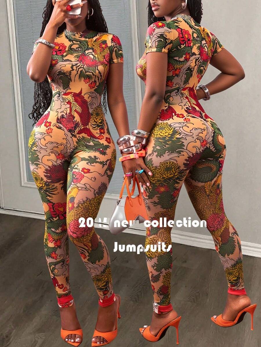 Slaydiva Nuevo mono de verano ajustado para mujer con estampado de dragón en malla transparente, de cuello alto, manga corta y pantalón corto, para festivales de música callejeros y de primavera y verano