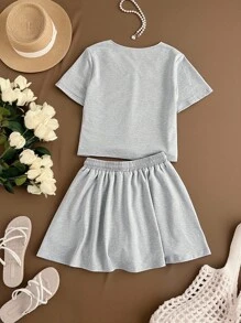 2pcs Set: Solid Color Front Button Short Sleeve Top And Drawstring Waist Shorts - Baby Blue - View 2