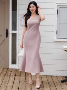 DAZY Damen Einfarbiges Meerjungfrau-Saum tailliertes elegantes Kleid mit dünnen Trägern, knöchellang, Sommer