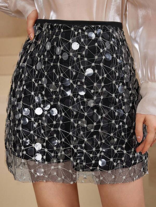 Wynsel Elegant Sequin Decor Bodycon Mini Skirt For Women, Summer
