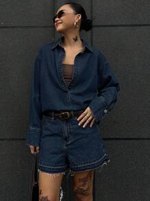 DAZY 2 件套休闲牛仔衬衫和短裤套装，秋季女装 - 深色水洗藍 - 查看 4